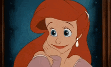 a cartoon of ariel from the little mermaid is smiling and looking out a window .