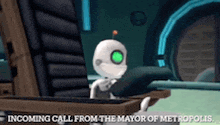 a robot with a green eye is sitting in a chair and talking on a cell phone .