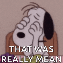 a cartoon of snoopy covering his face with his hands and the words " that was really mean " below him