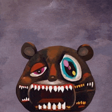 a painting of a teddy bear with a very large mouth