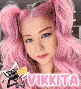 a woman with pink hair is standing in front of a microphone with the name vikita on it .