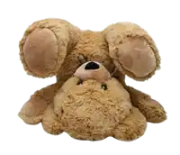 a brown teddy bear is laying on its back with its feet up