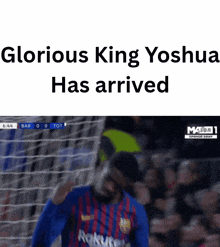 a soccer player is celebrating a goal and the words glorious king yoshua has arrived