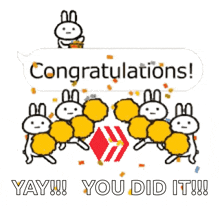 a congratulations card with a bunch of rabbits and confetti
