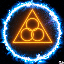 a glowing triangle with three circles inside of it is surrounded by blue fire