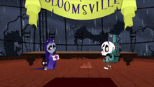 a cartoon scene with a banner that says loomsville on it