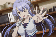 a girl with purple hair is holding a bottle of soda