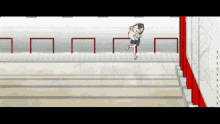 a cartoon character is running down a staircase with a red railing