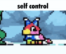 a pixel art of a colorful animal with the words self control below it .
