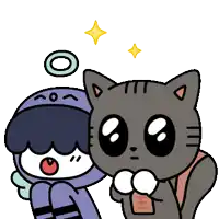 a cartoon drawing of a boy and a cat with a star in the background