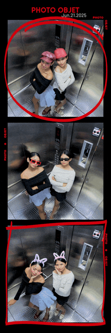 three girls in an elevator with the date june 21 2025