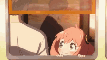 a girl with pink hair is looking out of a window