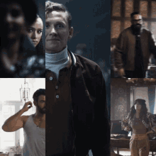 a collage of images shows a man and a woman in a dark room