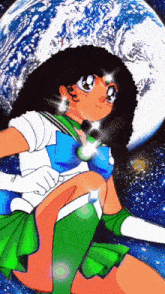 a drawing of a girl in a sailor suit with the earth behind her