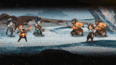 a group of cartoon characters are standing in a snowy field