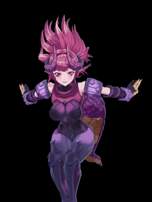 a purple anime character with horns on her head and a black background