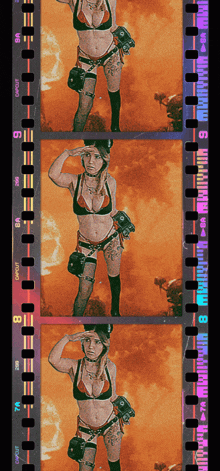 a woman in a bikini is standing in front of a fire with a film strip that says ' midnight ' on it