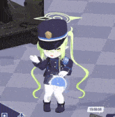 a girl in a police uniform is standing in front of a checkered floor with a time of 19:58:58