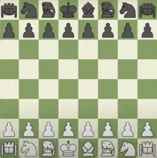 a green and white chess board with a king and a pawn on it