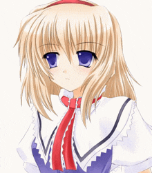 a girl with blonde hair and blue eyes is wearing a white shirt and a red tie