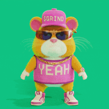 a hamster wearing sunglasses and a purple shirt that says yeah