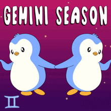 a cartoon of two penguins holding hands with the word gemini season written above them