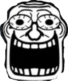 a black and white cartoon of a troll face with glasses and a big mouth .