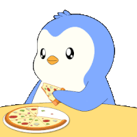 a penguin is eating a slice of pizza