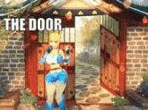a cartoon of a woman standing in front of a wooden door with the words " the door " on it