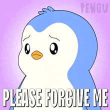 a penguin with a sad look on its face says please forgive me