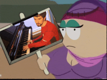 a cartoon character is holding a picture of a man playing the piano