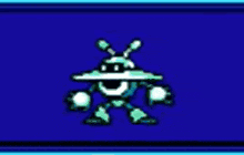 a pixel art of a robot on a blue background
