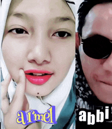 a woman wearing a hijab next to a man wearing sunglasses and the word armel on the bottom