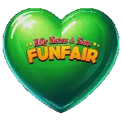 a green heart shaped balloon with the words funfair on it