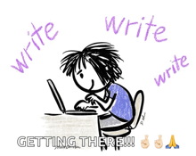 a cartoon of a girl typing on a laptop with the words " write write write " surrounding her