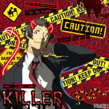 a picture of a man with devil horns and the words " killer " on the bottom