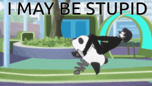 a person riding a panda on a spring with the words i may be stupid below them