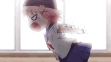 a girl in a school uniform is standing in front of a window with her arms outstretched .