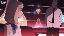 a man and a woman are standing next to each other in front of a screen that says [ as ]