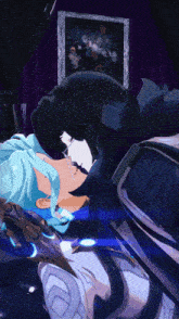 a couple of anime characters kissing in front of a picture