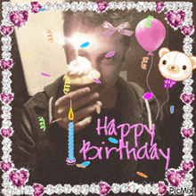 a birthday card with a man holding a cupcake