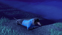 a cartoon dachshund wearing a blue sweater is walking in the grass