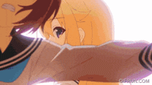 a gif from gifrun.com shows a girl and a boy hugging each other