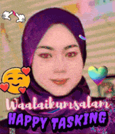a woman wearing a purple hijab with the words waalaikumsalam happy tasking above her