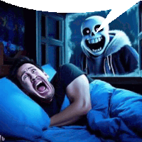 a man is laying in bed with his mouth open while a skeleton appears in the window behind him .