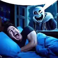 a man is laying in bed with his mouth open while a skeleton appears in the window behind him .