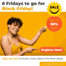 an advertisement for indiquehair.com shows a woman pointing at a sign that says up to 50 % off