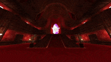 a video game is being played in a dark room with a red carpet
