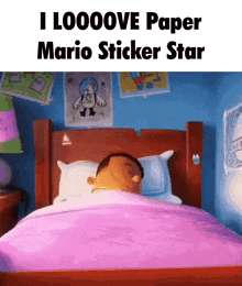 a man is sleeping in a bed with a purple blanket and a paper mario sticker star on the wall behind him .