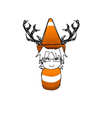 a drawing of a person wearing glasses and an orange cone with antlers